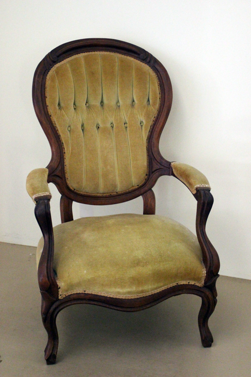 This American-made Victorian chair from the mid-1800s has a rounded back—representing the Turtle behind—and the two nicely padded arms represent the Tiger and Dragon. It originally had metal rollers, which made it look disconnected from the floor. We removed those, boxed, labeled and stored them away. If you can easily take an old chair (or couch) off its rollers, then do so. You’ll have a much more grounded piece of furniture.