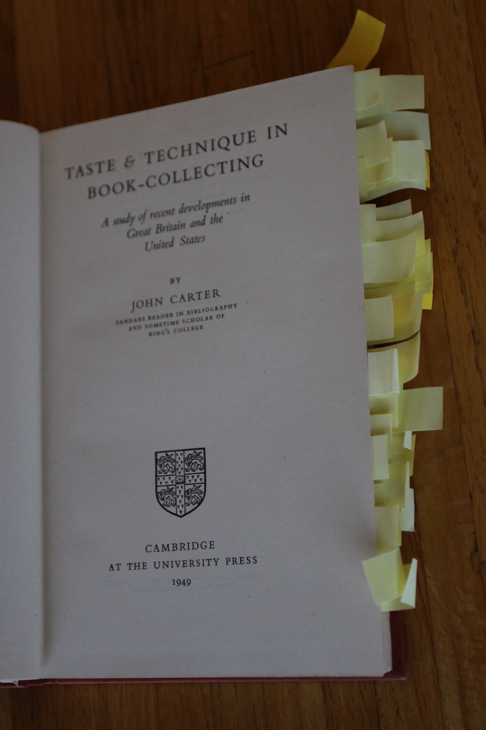 Photo of the author's copy of "Taste & Technique in Book-Collecting" with pages flagged