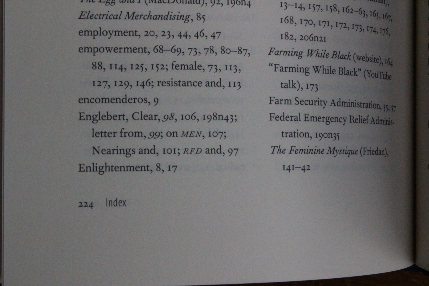 Photo of the index from "Who Gets to Go Back-to-the-Land" by Valerie Padilla Caroll, featuring Clear Englebert